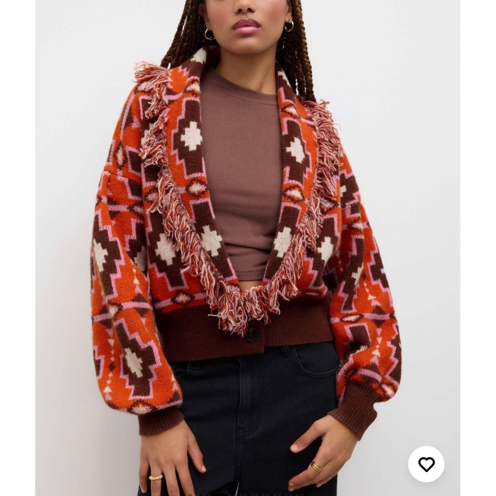 CIDER Orange Boho Fringe Cardigan Sweater Women's Size‎ XL Aztec Cropped